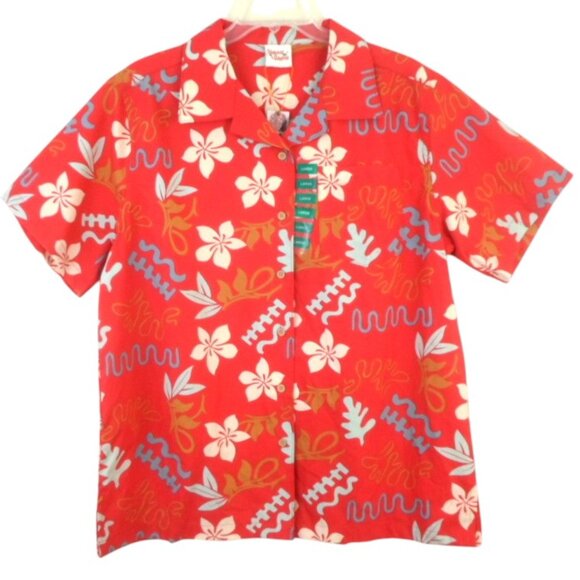 Barefoot In Paradise Red Floral Hawaiian Shirt Short Sleeve Button Front - Picture 1 of 5